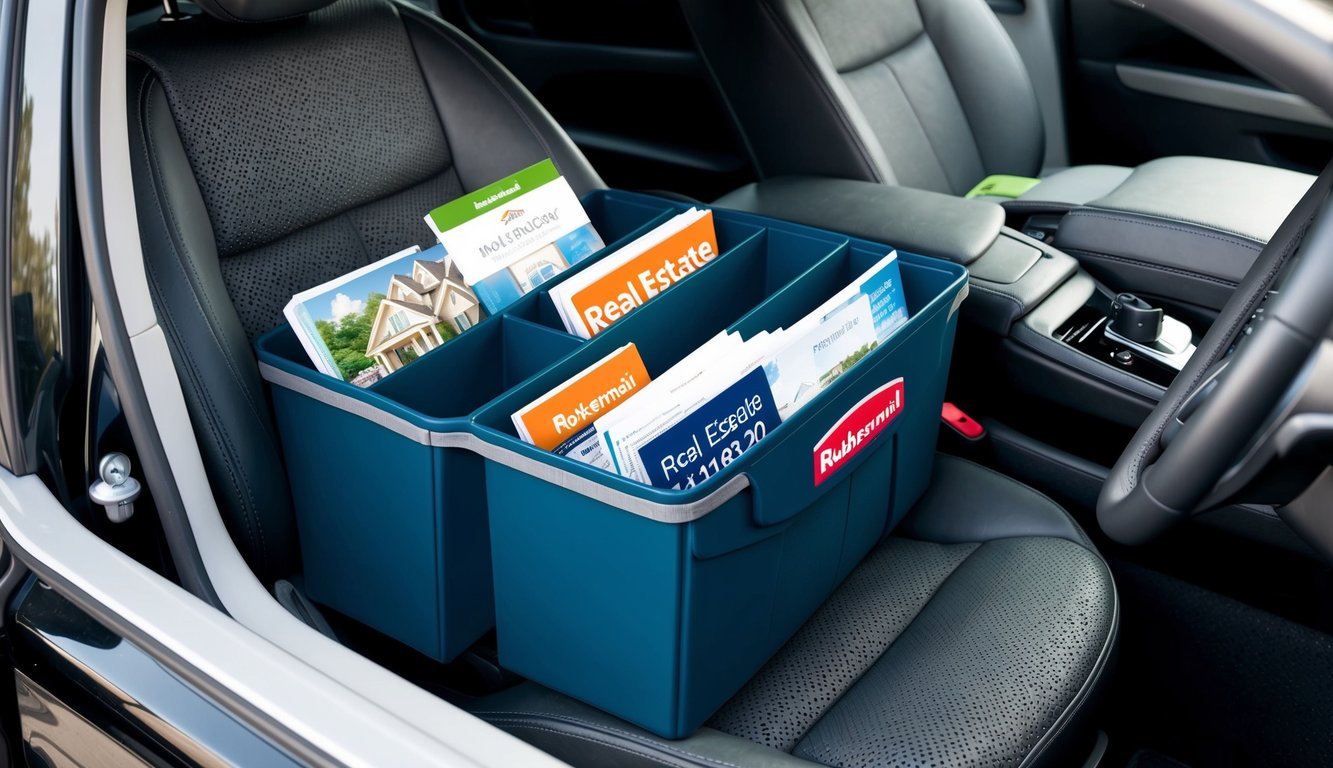 A Rubbermaid Mobile 3318-20 Organizer sits in a car, filled with real estate materials such as brochures, flyers, and business cards