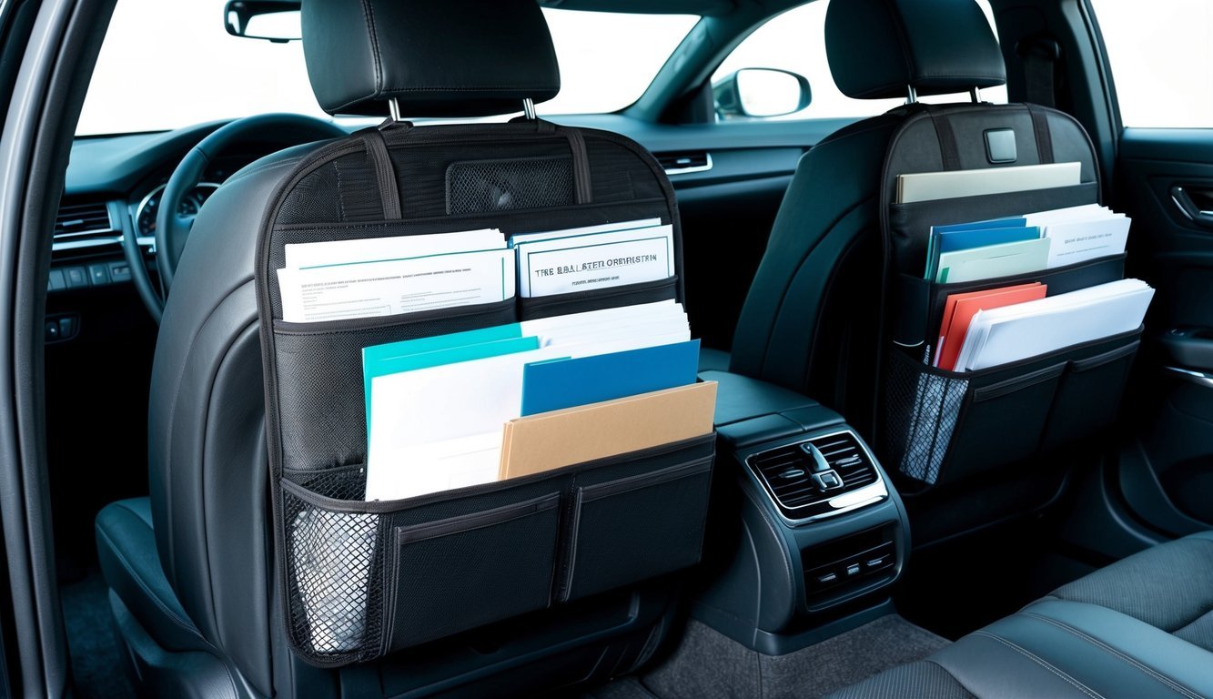 A car seatback organizer filled with real estate materials and documents, neatly arranged and easily accessible for use