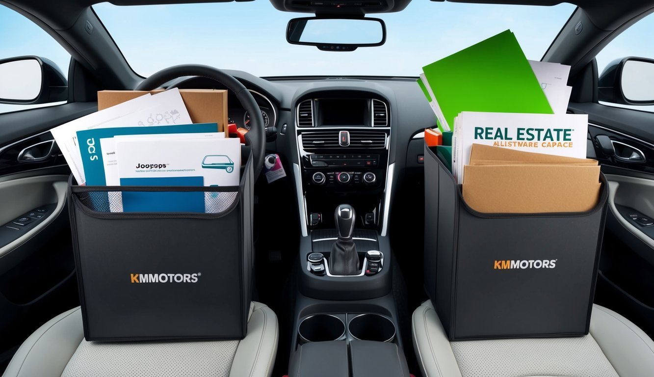 A car interior with the KMMOTORS Jopps Foldable Car Garbage Can and other car organizers filled with real estate materials