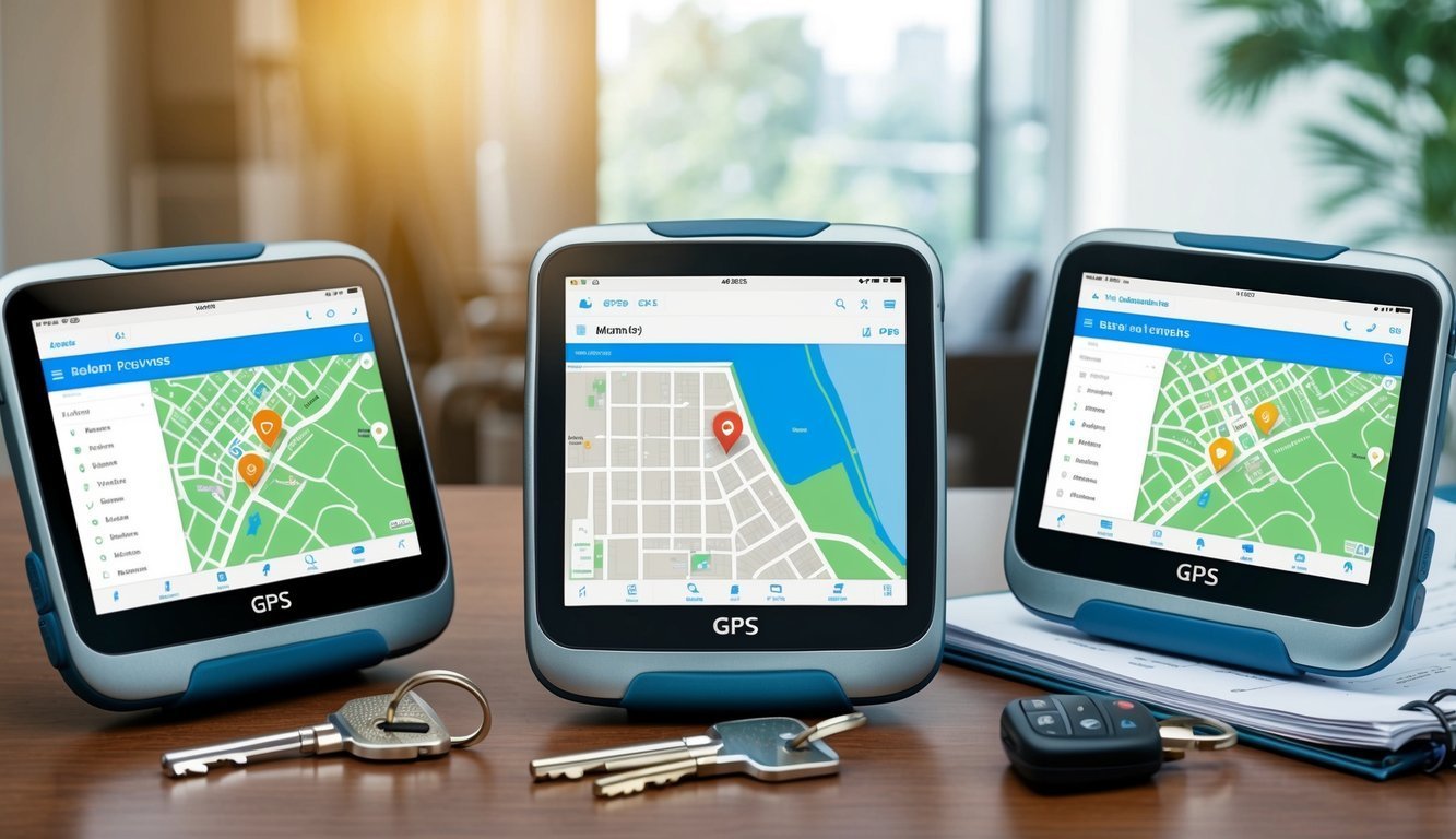 Three GPS devices displaying maps, keys, and a car key on a desk