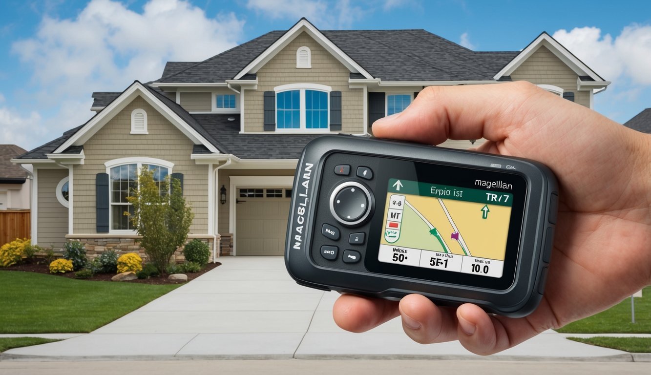 A hand holding the Magellan eXplorist TRX7 GPS device, with a real estate property in the background