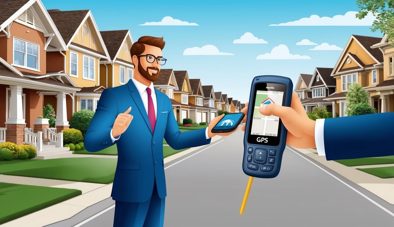 A real estate agent uses a portable GPS device to navigate through a neighborhood, while showcasing properties to potential buyers