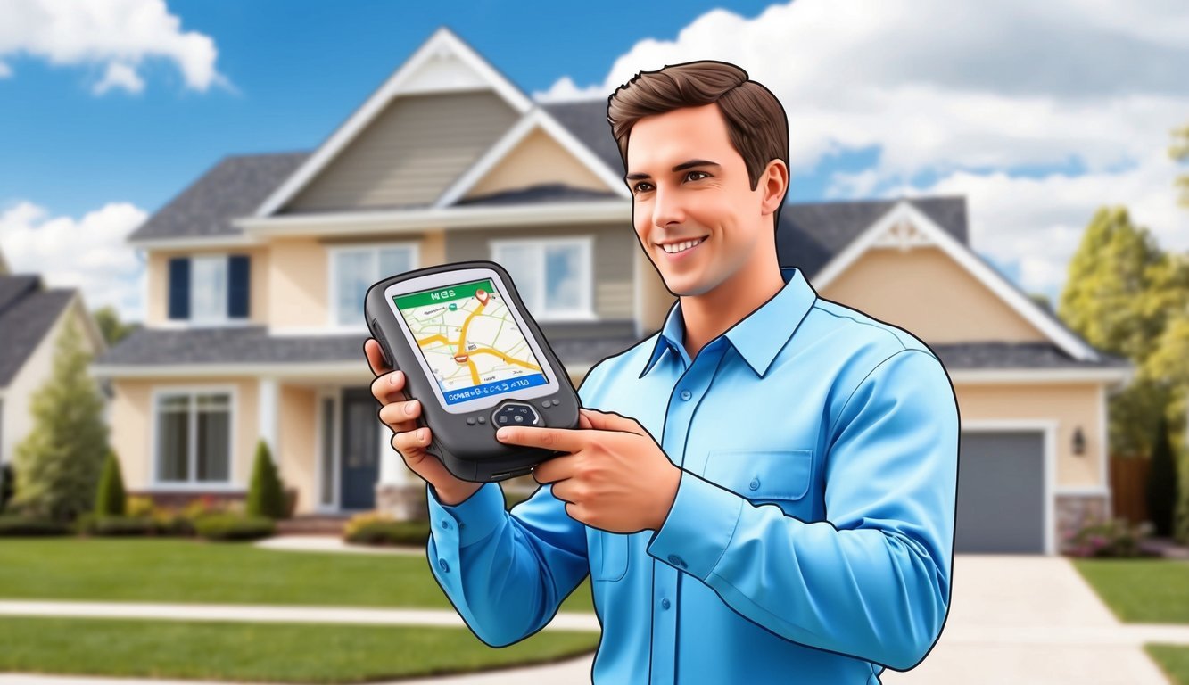 A real estate agent holding a portable GPS device while standing in front of a house, with a map displayed on the device screen