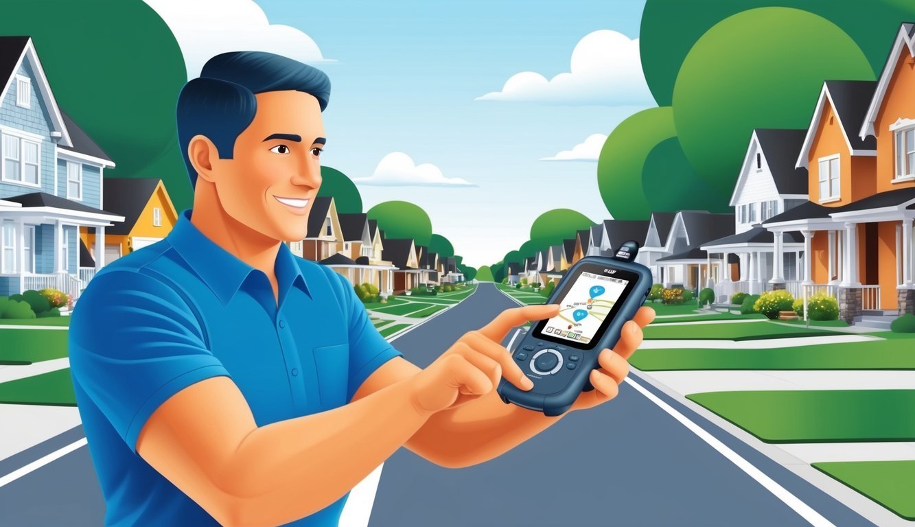 A real estate agent using a portable GPS device to navigate through a neighborhood, with houses and streets in the background