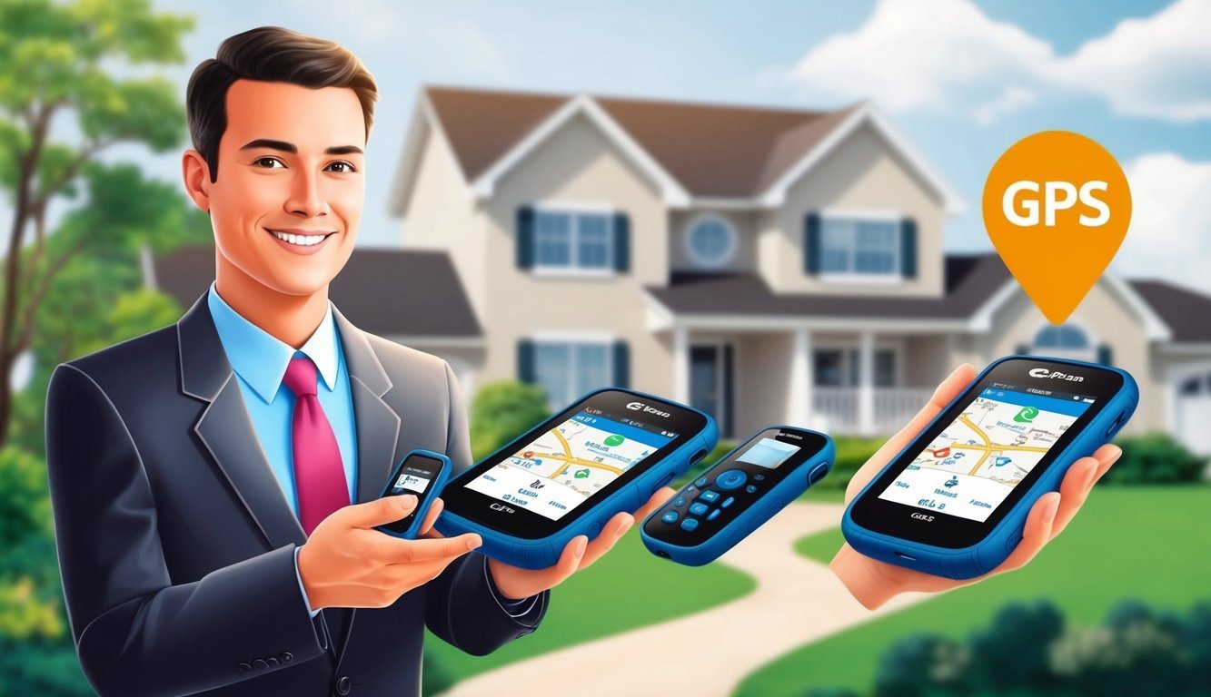 A real estate agent holding three portable GPS devices, with a house in the background