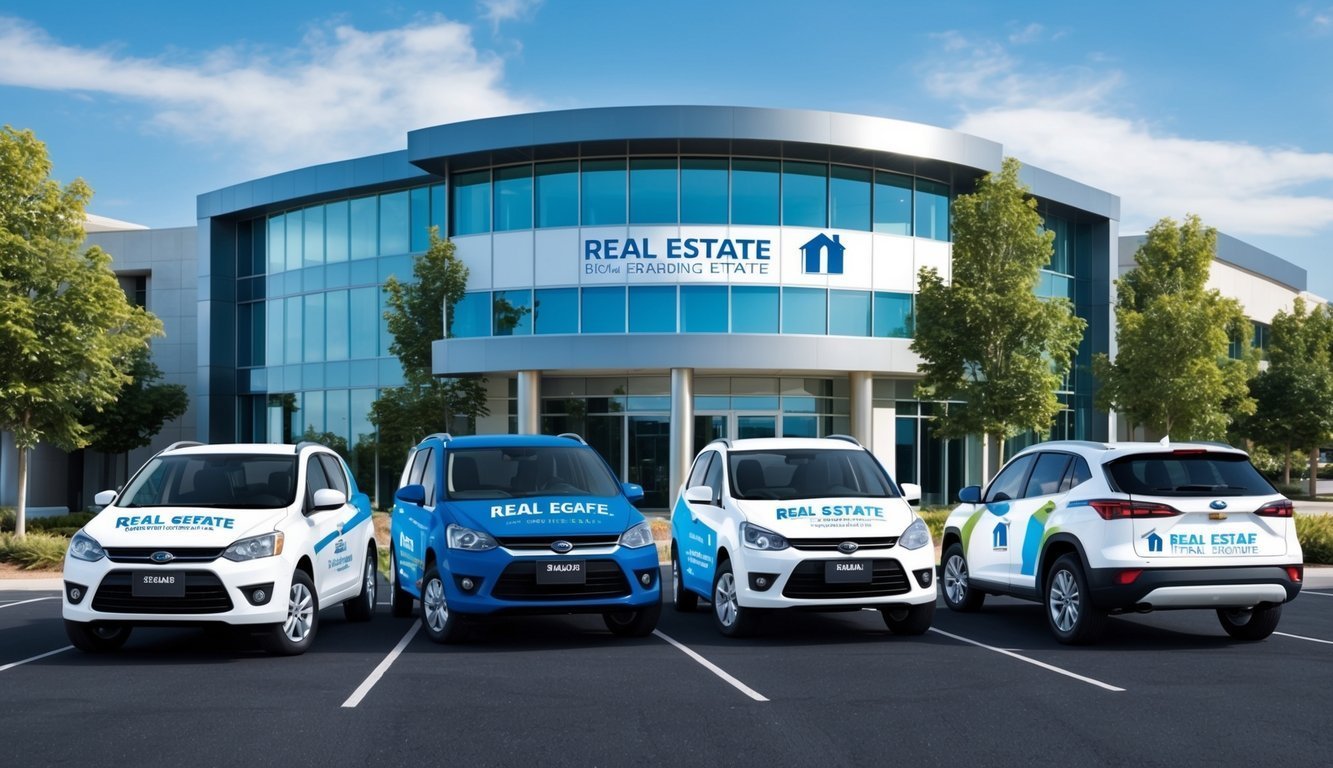 Four real estate company cars parked in front of a modern office building