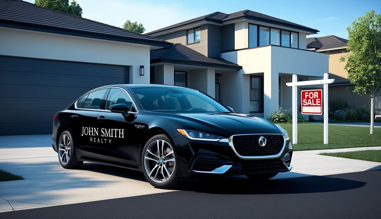 A sleek black car with "John Smith Realty" logo parked in front of a modern suburban home with a "For Sale" sign in the yard