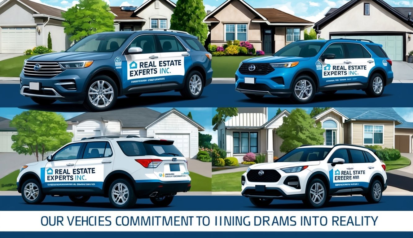 Four vehicles adorned with Real Estate Experts Inc. decals parked in front of various properties, showcasing the company's commitment to turning dreams into reality