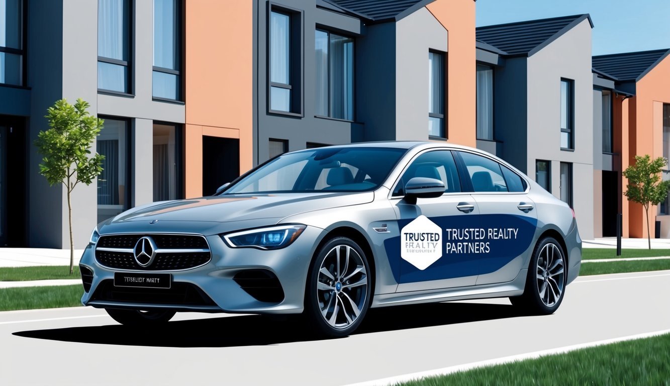 A sleek car with "Trusted Realty Partners" branding drives past a row of modern houses, symbolizing investment in the future