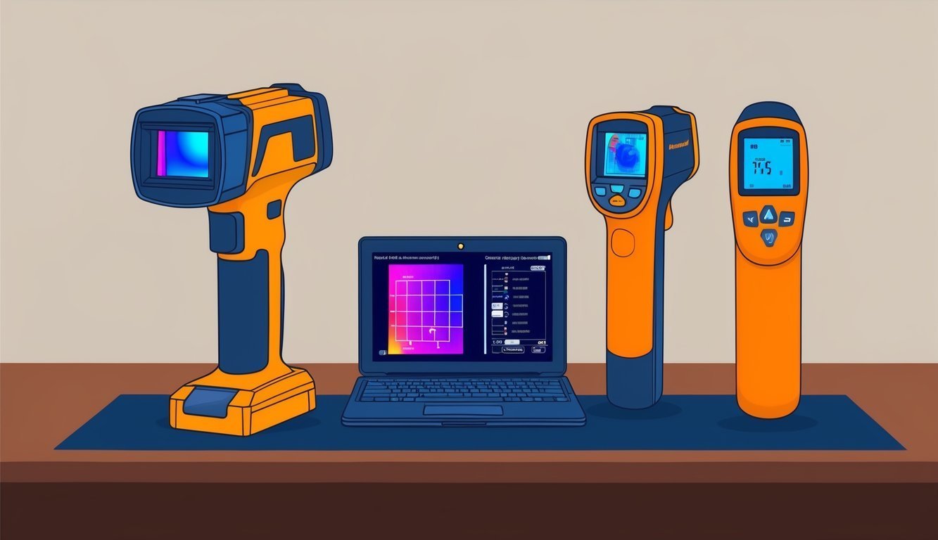 Thermal imaging devices and laptop displaying heat map on a table