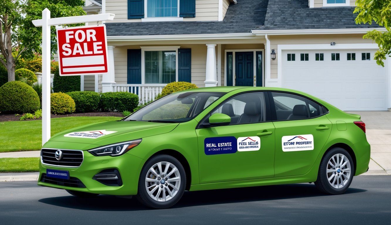 A real estate agent's car with branded decals parked in front of a sold property, with a "For Sale" sign in the yard