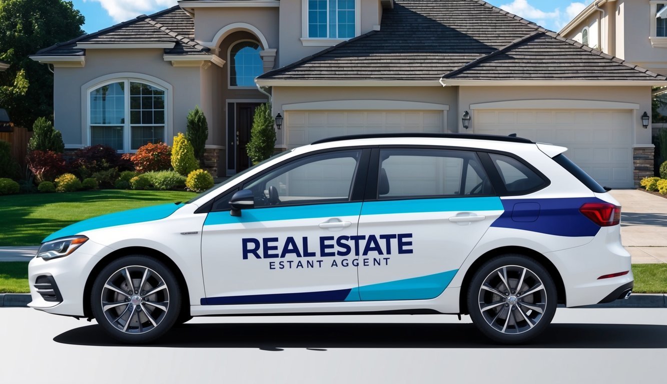 A real estate agent's car with branded vehicle decals parked in front of a residential property