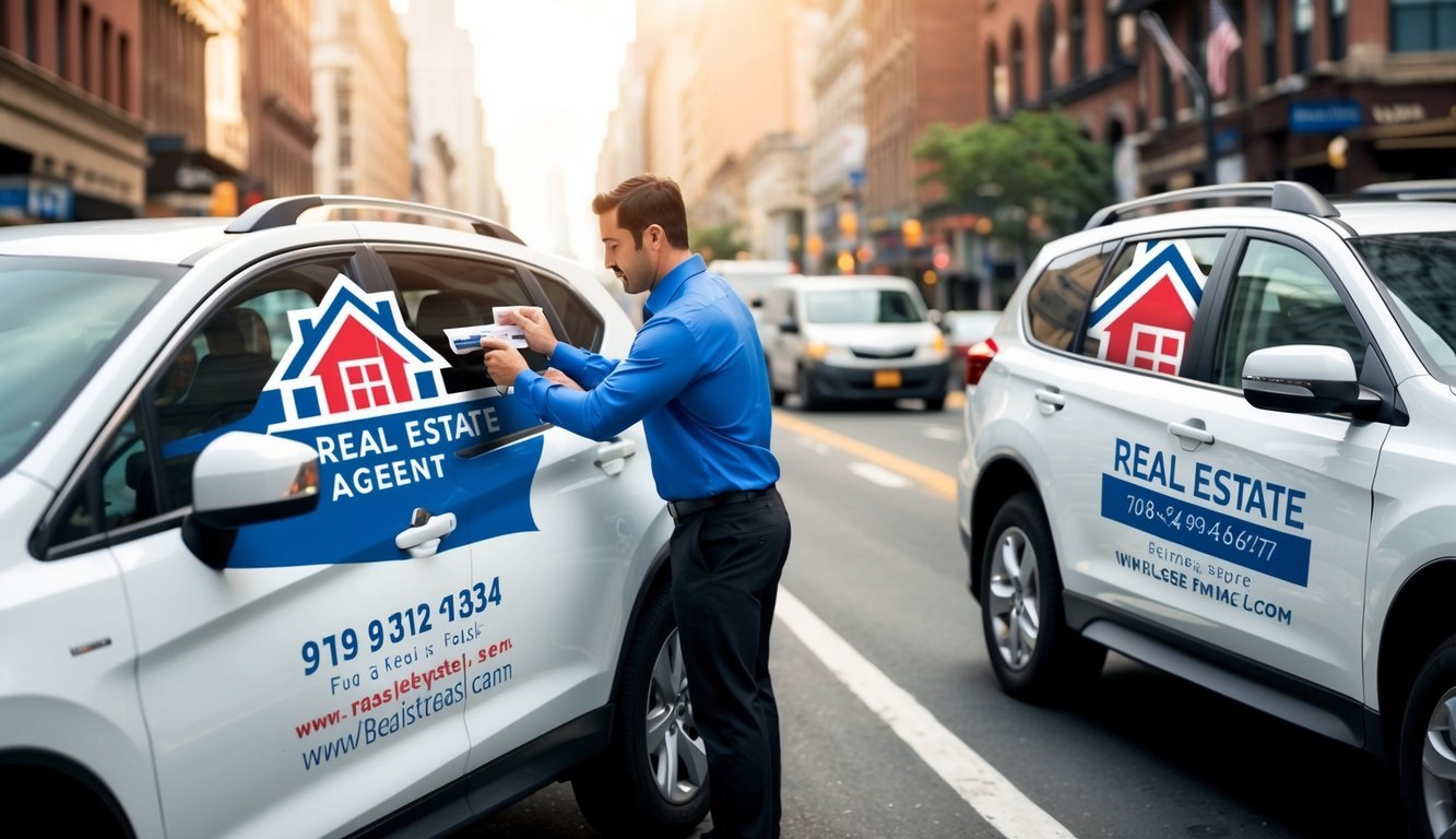 A real estate agent applies branded vehicle decals in a busy city street.</p><p>The decals feature the company logo and contact information