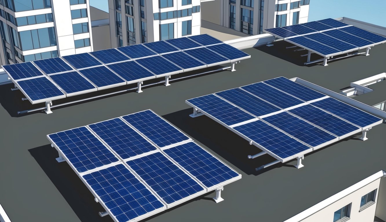 Solar panels on a rooftop, with buildings in the background