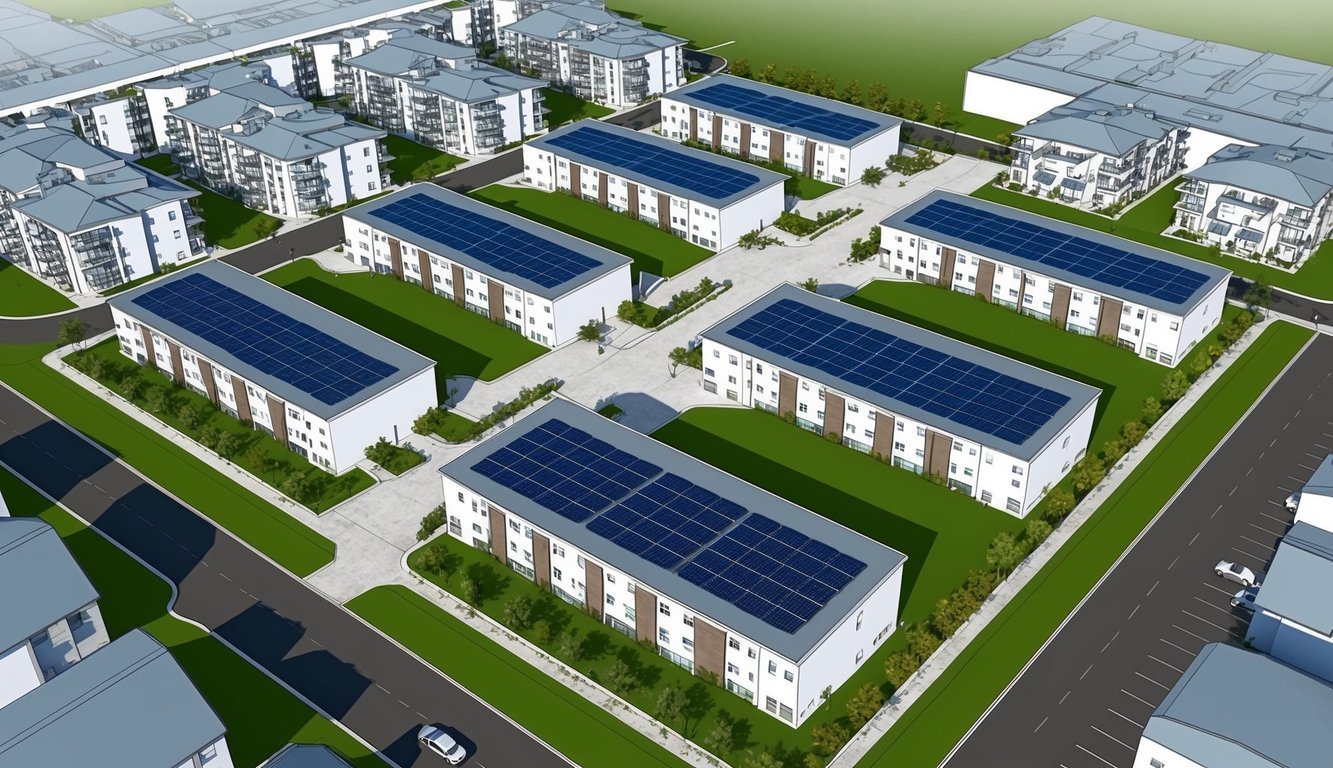 Aerial view of a real estate development with multiple buildings featuring Tesla Solar Roof 3 solar panel systems