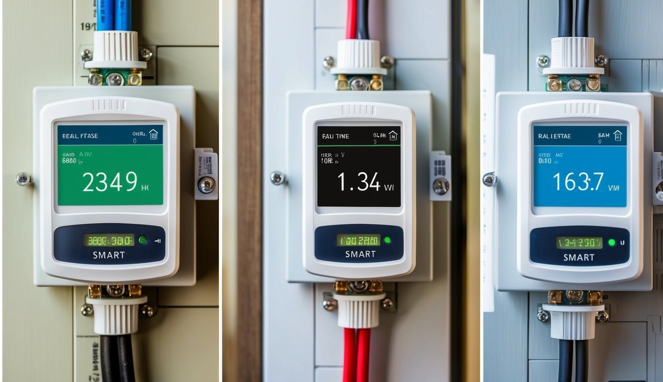 Three smart meters displaying different energy readings, with connected wires