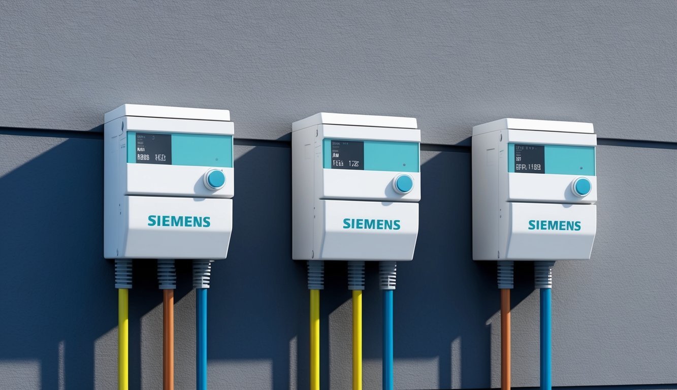 Three Siemens Smart Meters installed on the exterior wall of a modern real estate property, with cables connecting them to the building's electrical system