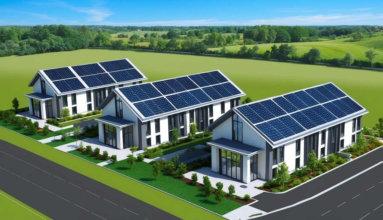 A modern real estate development with three buildings fitted with solar panel systems, surrounded by green landscaping and clear blue skies