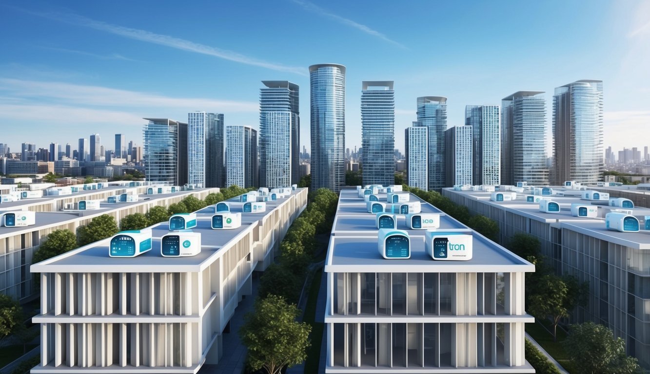 An urban skyline with rows of modern buildings, each equipped with Itron OpenWay Riva 3 Smart Energy Meters