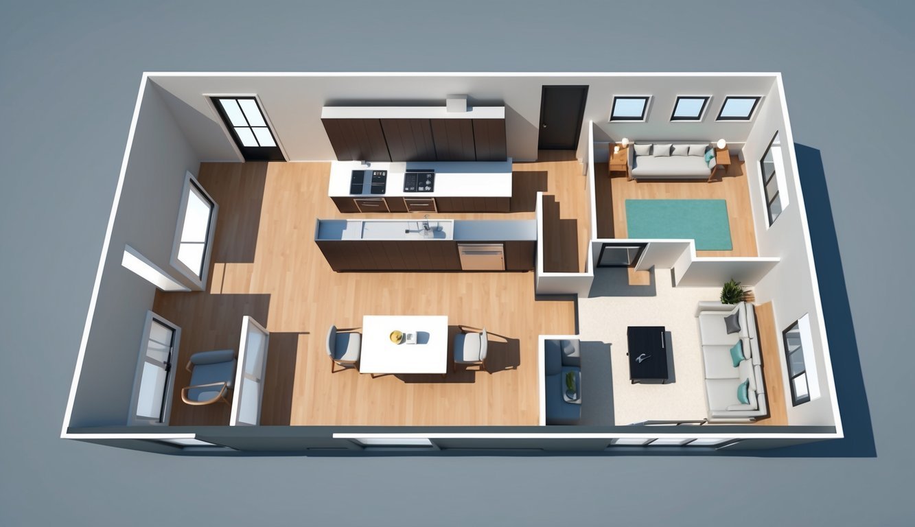 Top-down view of a modern home floor plan with furniture