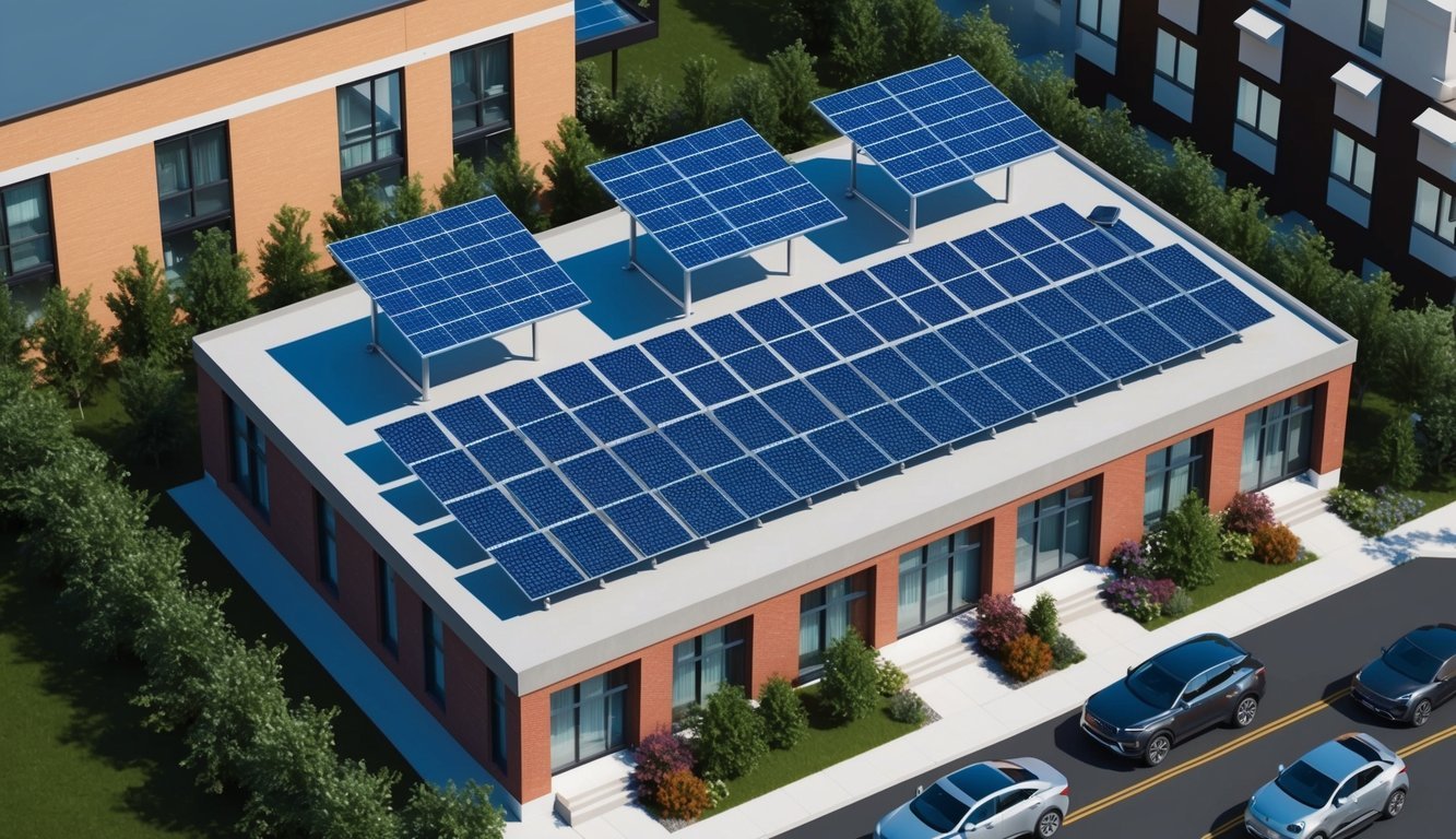 A rooftop of a modern real estate development with three different types of solar panel systems installed