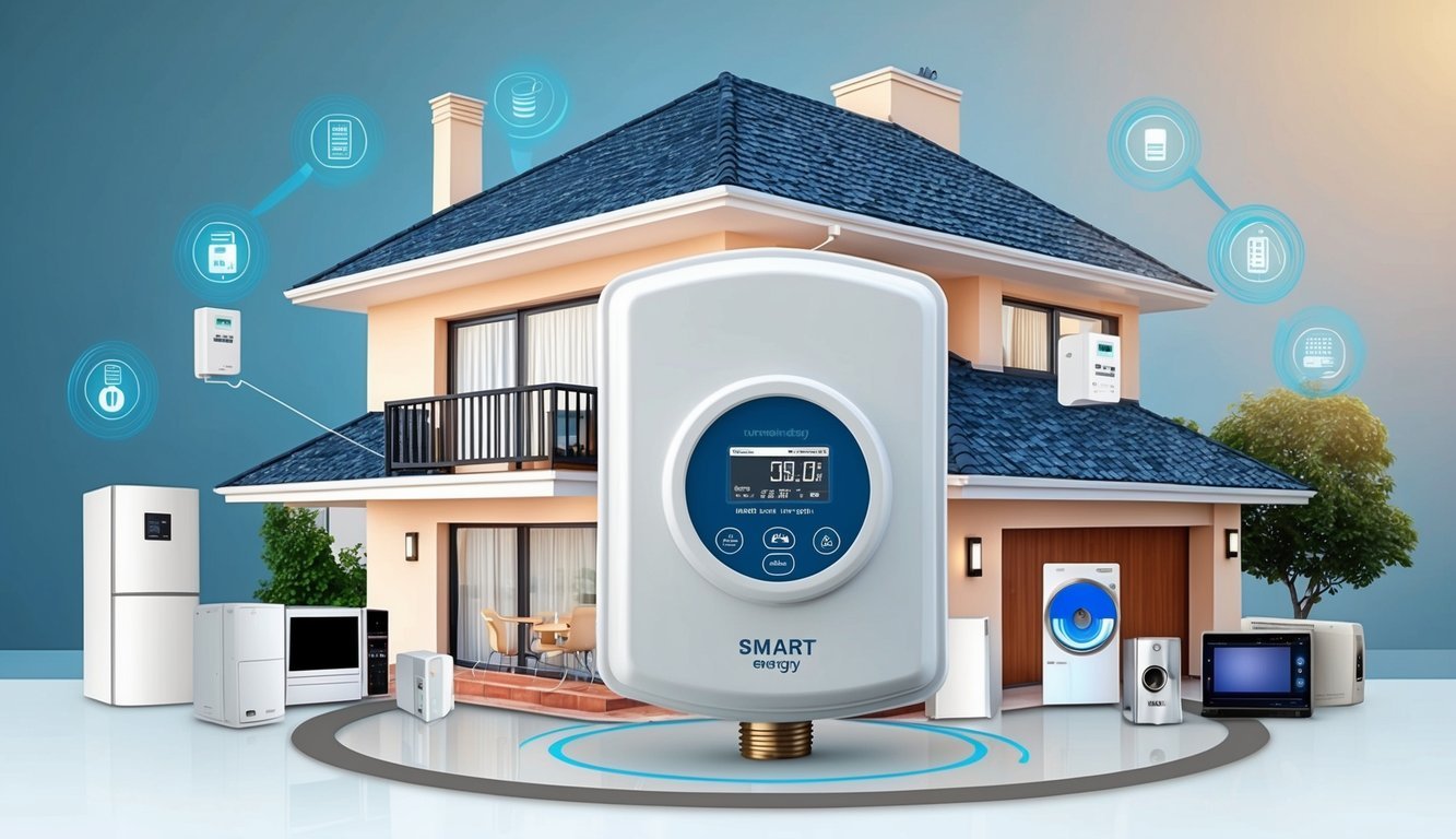 A modern smart energy meter installed in a real estate property, surrounded by various appliances and electronic devices, with data being transmitted wirelessly