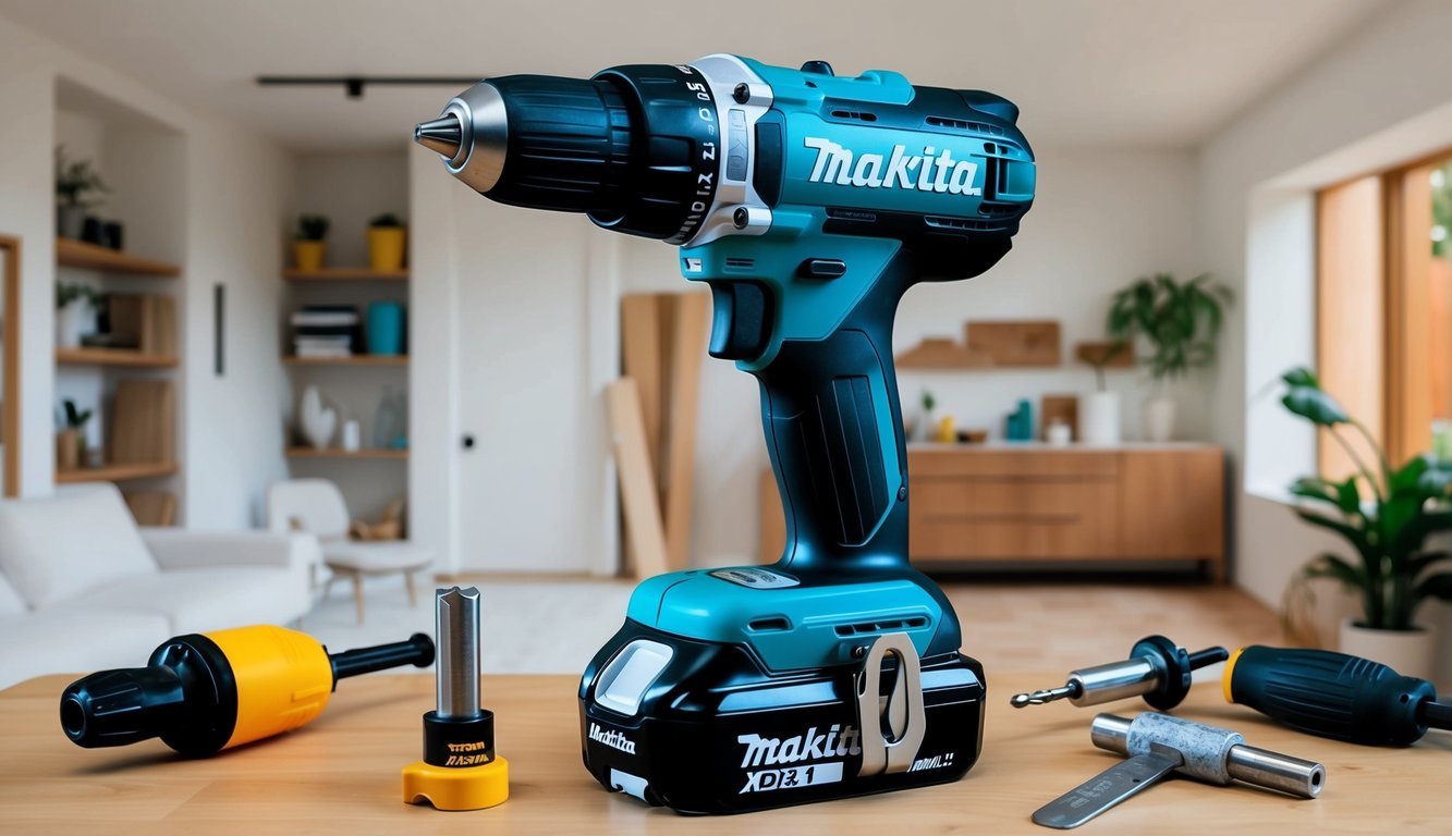 A sleek Makita XFD131 cordless drill alongside interior design and renovation tools