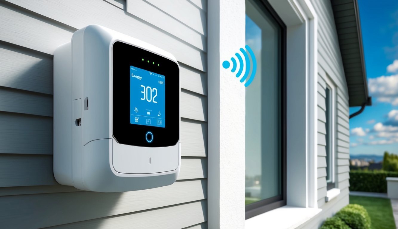 A modern smart energy meter installed on the exterior of a real estate property, with digital display and wireless connectivity