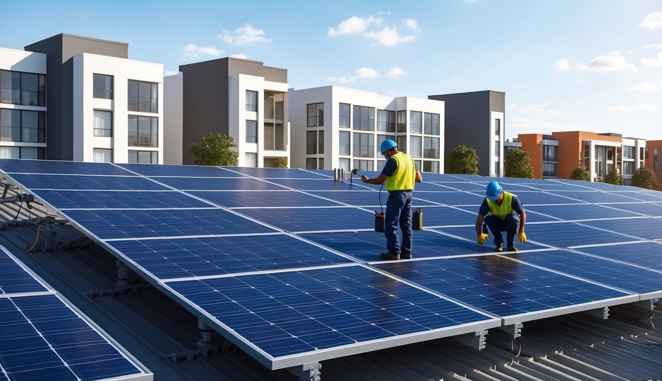 A row of solar panels installed on the rooftops of modern real estate developments, with maintenance workers inspecting and adjusting the systems