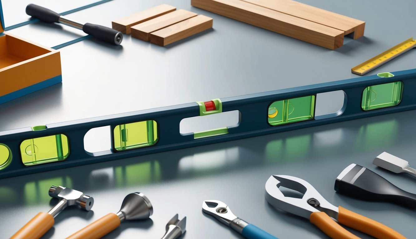 A professional I-beam level lies on a smooth, clean surface surrounded by interior design and renovation tools