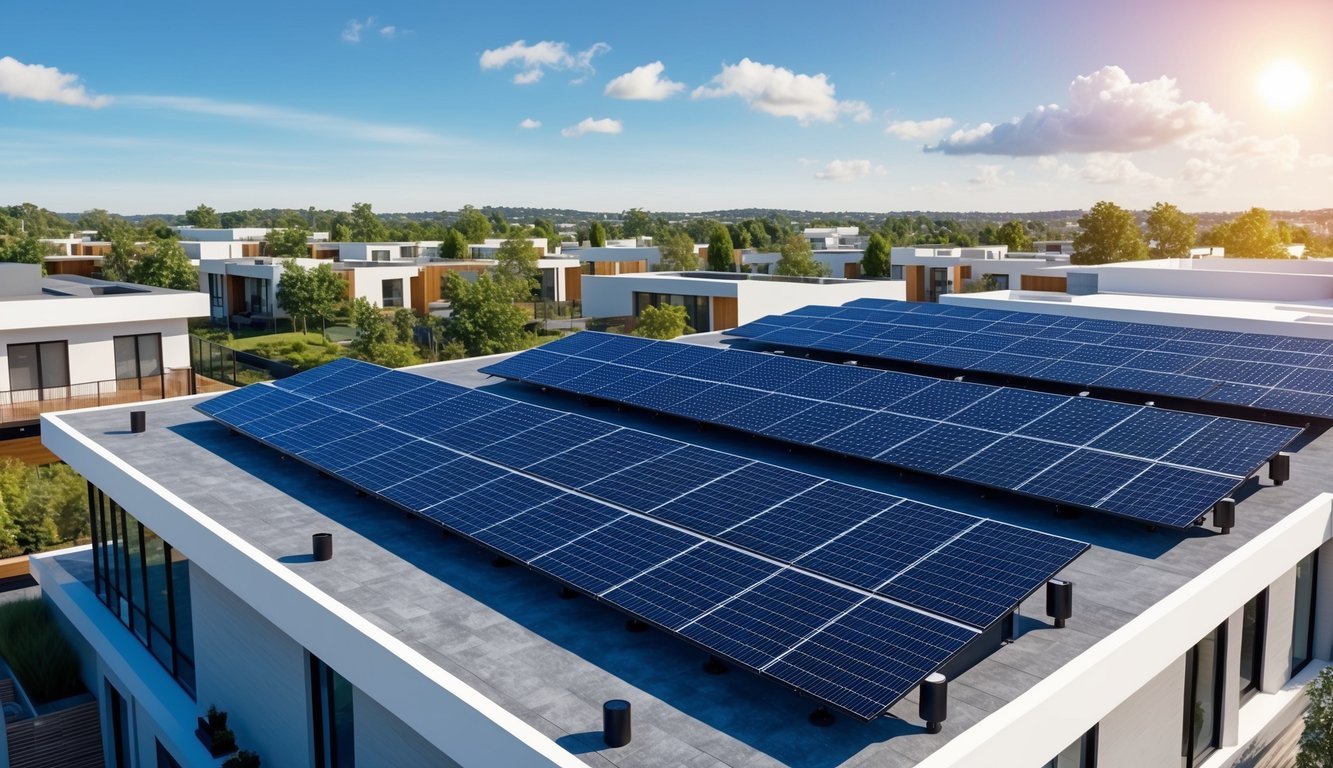 A sunny rooftop with multiple solar panel arrays installed on top of a modern real estate development