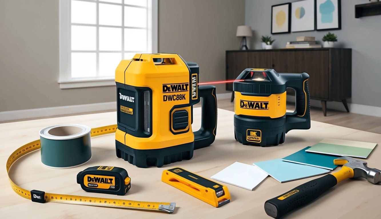 A room with the DEWALT DW088K Cross Line Laser set up, along with other interior design and renovation tools, such as a measuring tape, paint samples, and a hammer