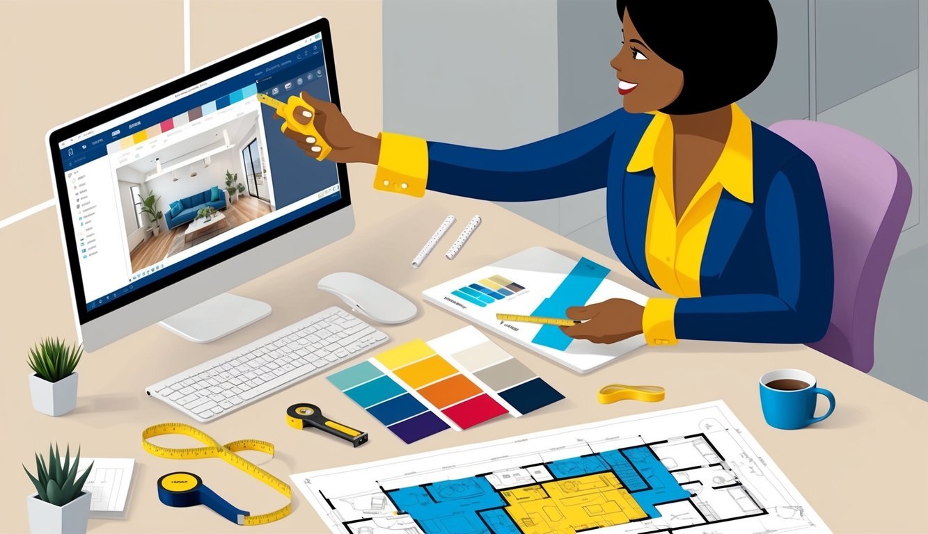 A realtor uses design tools to plan interior renovations, including a computer with design software, a tape measure, color swatches, and a floor plan