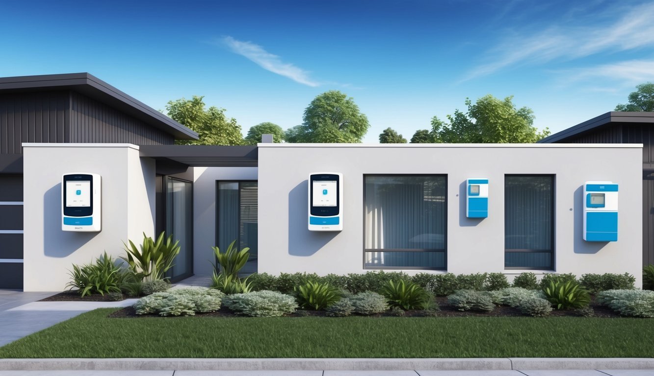 A modern real estate property with three smart energy meters installed on the exterior wall, surrounded by landscaping and a clear blue sky