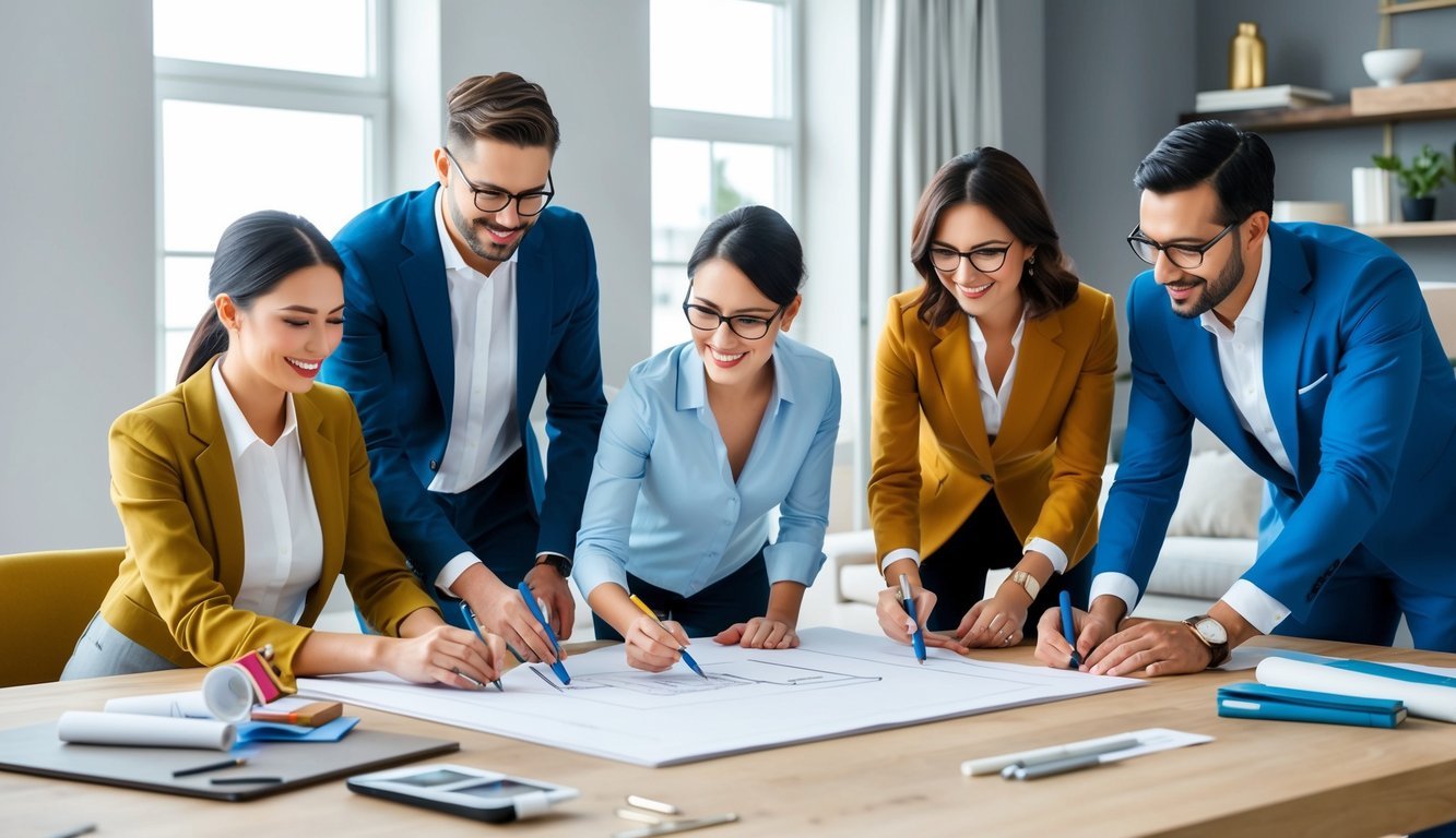 A group of design professionals and realtors collaborate, using interior design and renovation tools to plan a project
