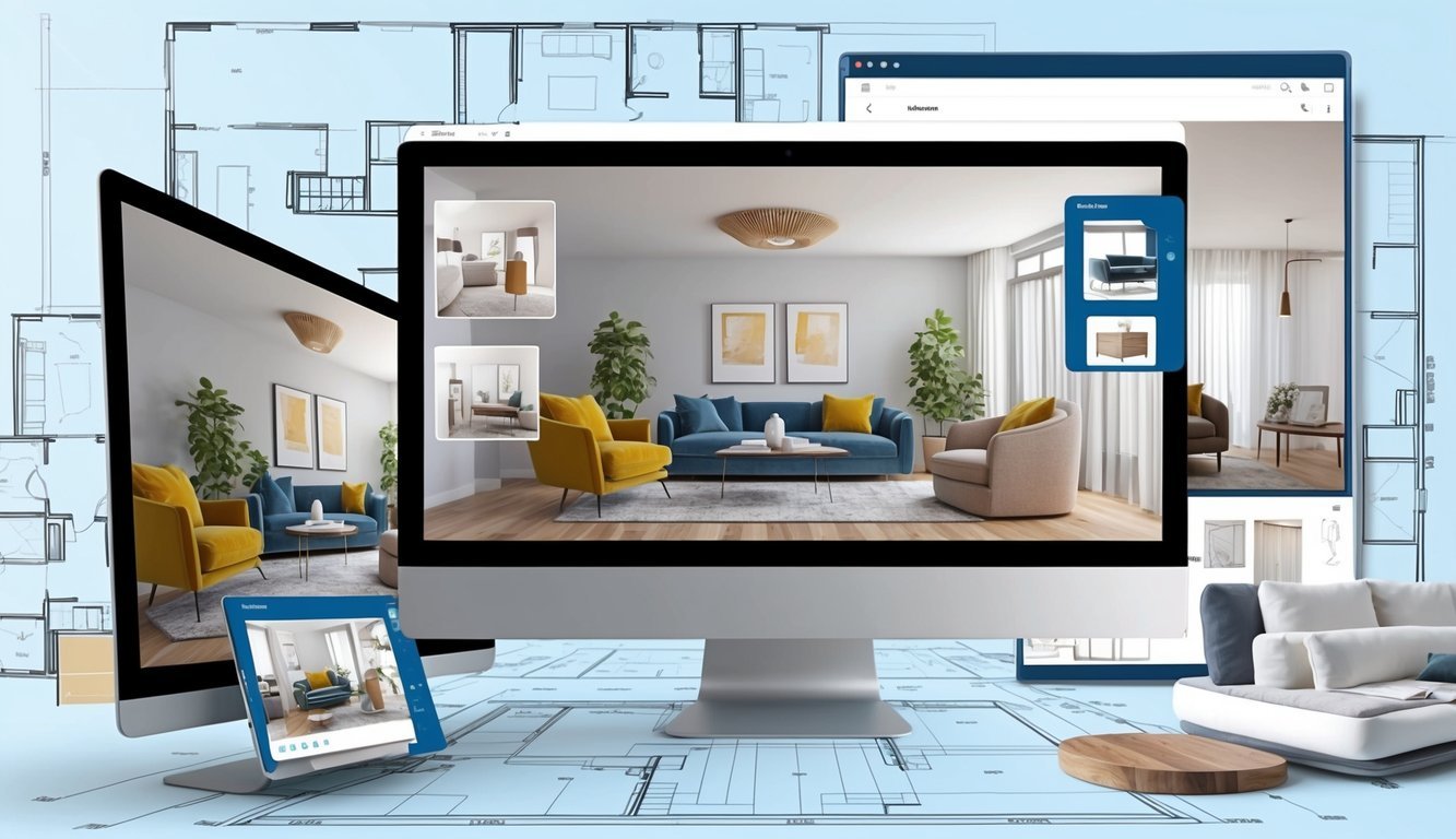 A modern living room with virtual furniture and decor options displayed on a computer screen, surrounded by architectural blueprints and floor plans