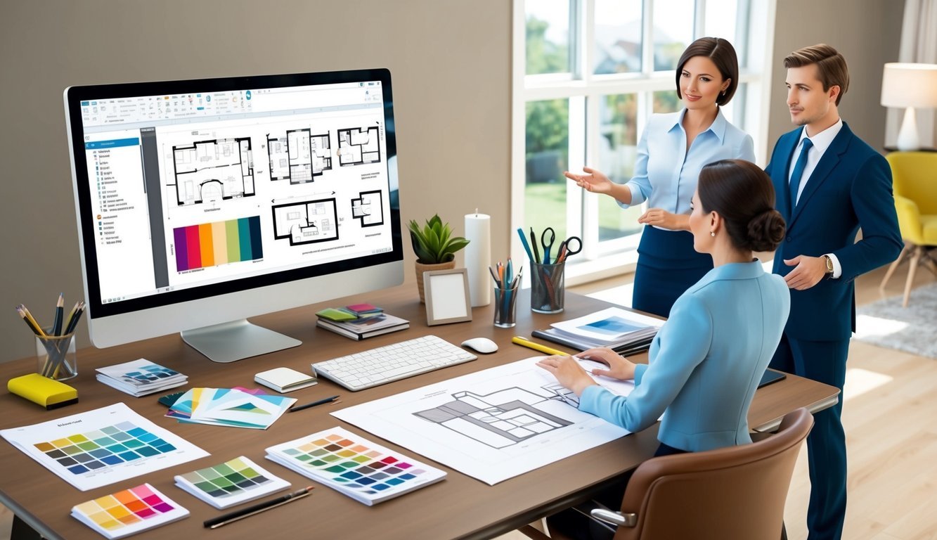 An interior designer's desk with a computer, drafting tools, color swatches, and architectural plans spread out.</p><p>A Realtor stands nearby, discussing design options with clients