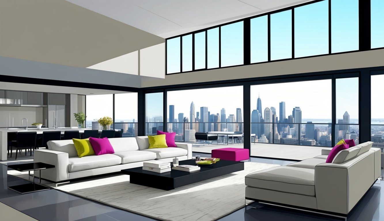 A modern, spacious living room with sleek furniture and large windows overlooking a city skyline.</p><p>The room features high ceilings and a neutral color palette with pops of vibrant accents