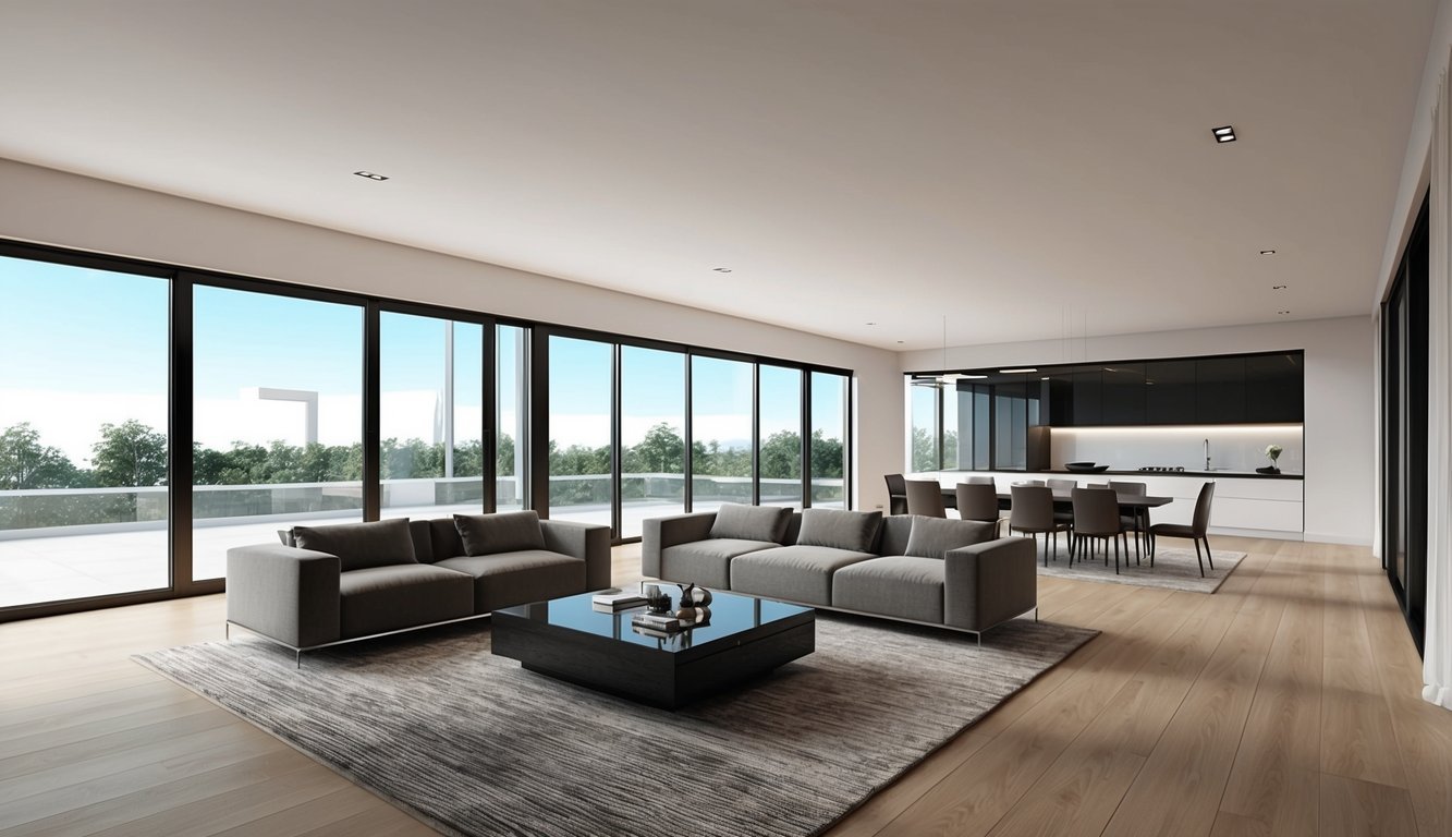 A modern, spacious living room with sleek furniture and large windows, showcasing the potential of 3D rendering software for real estate renovations