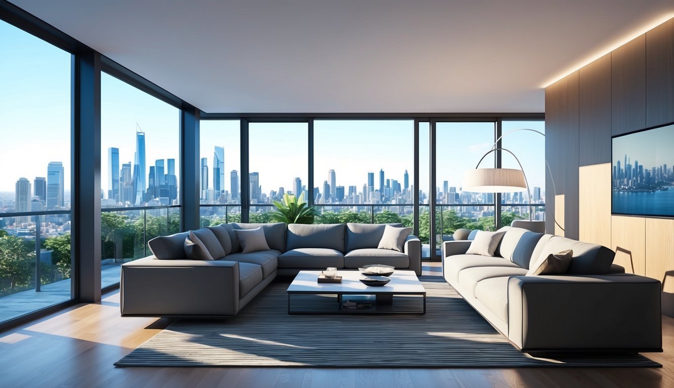 A modern living room with sleek furniture, large windows, and a view of a city skyline, showcasing realistic lighting and material textures