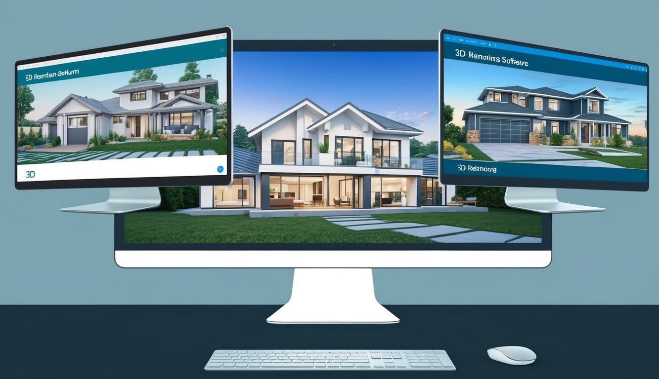 A computer screen displaying three different 3D rendering software options with real estate renovation projects being showcased in each program