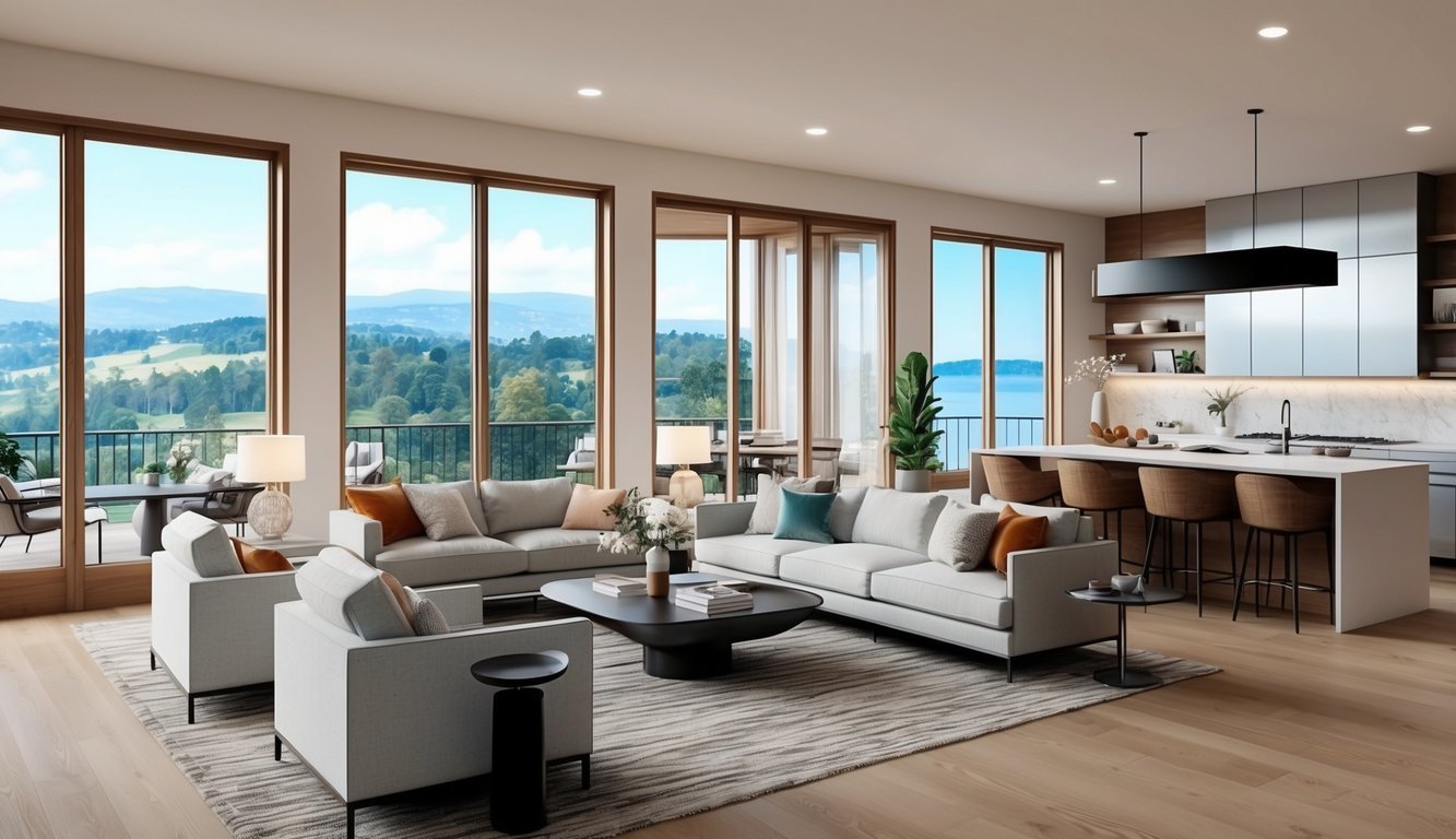 Modern living room with large windows, sofas, and a kitchen island