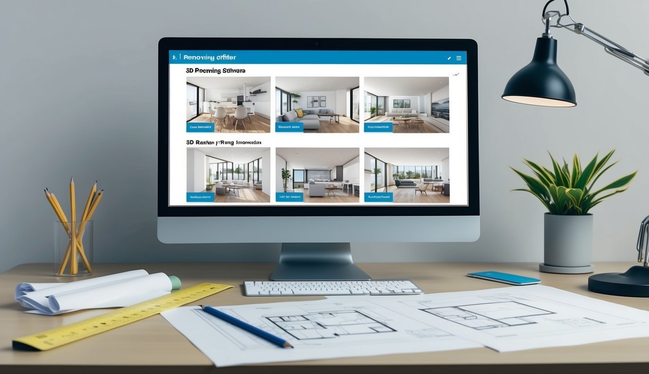 A modern office desk with a computer monitor displaying 3D rendering software options for real estate renovations.</p><p>A ruler, pencil, and architectural plans are scattered across the desk