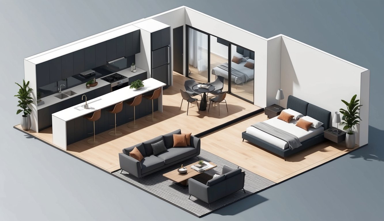 A modern living room, kitchen, and bedroom layout with sleek furniture and open floor plan for real estate design