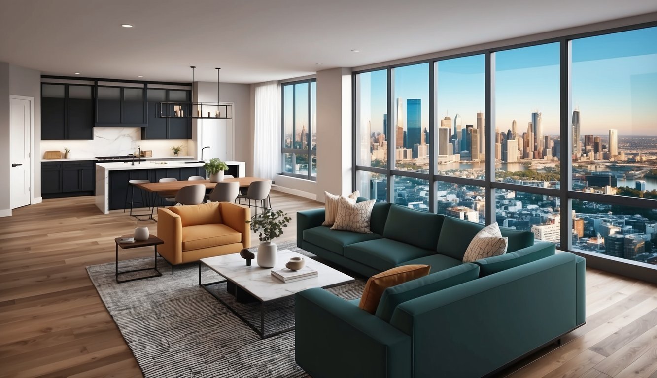 A spacious living room with modern furniture, an open kitchen with an island, and a cozy bedroom with a large window overlooking a city skyline