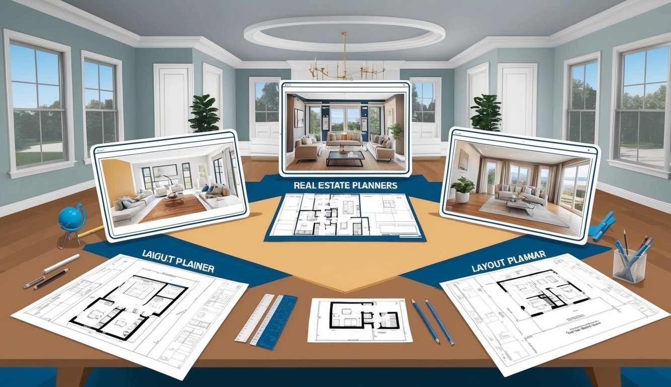 A spacious room with three different layout planners for real estate design displayed on a large table, surrounded by architectural blueprints and design tools