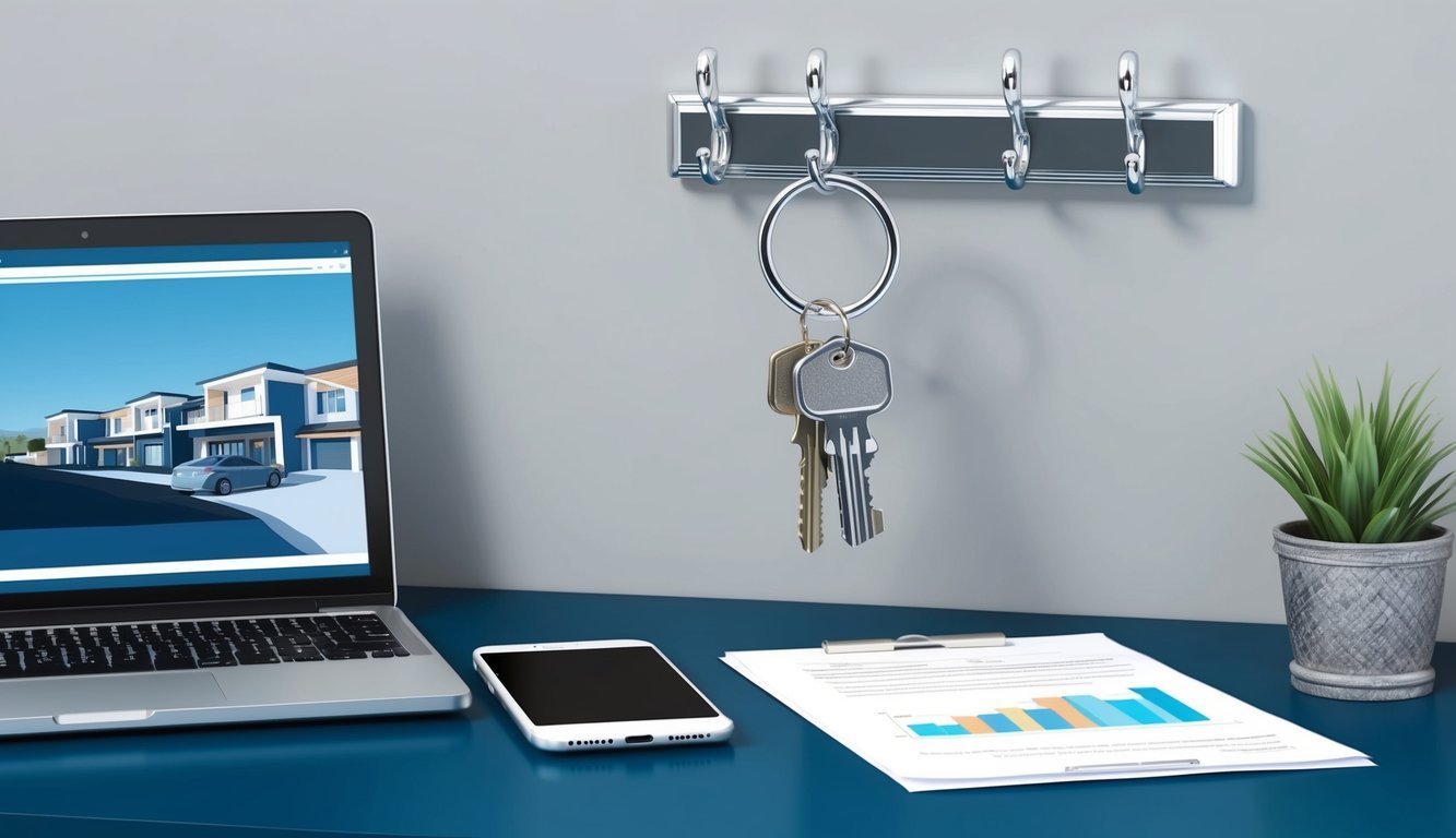 A desk with a laptop, smartphone, and paperwork.</p><p>A key ring with various property keys hangs from a hook on the wall