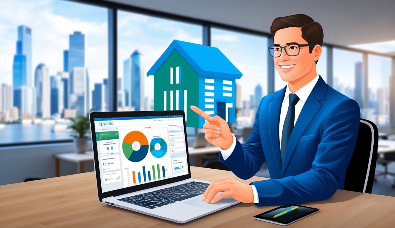 A real estate investor using AppFolio's property management tools on a laptop in a modern office with a city skyline in the background