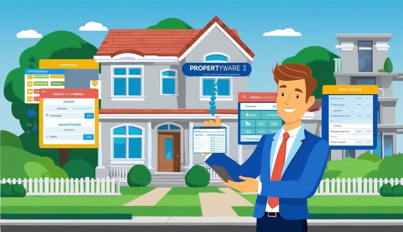 A real estate investor using Propertyware 3 tools to manage properties, including rental listings, maintenance requests, and financial reports