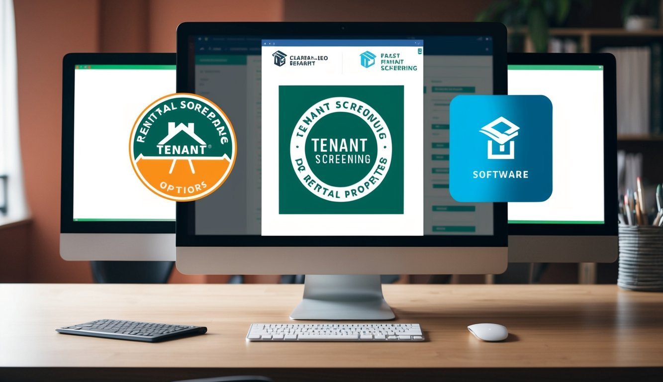 Three software logos on a computer screen, each representing a different tenant screening option for rental properties